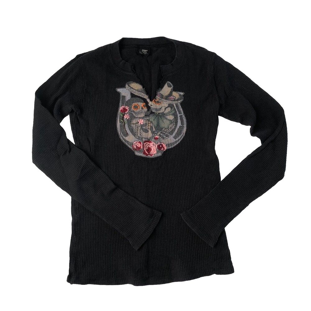 Lucky brand women’s waffle knit split neck l/s embroidered Sugar Skull XS